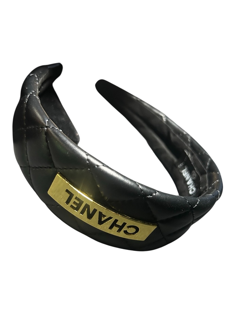 Black Quilted Leather Headband with Gold Logo Plaque